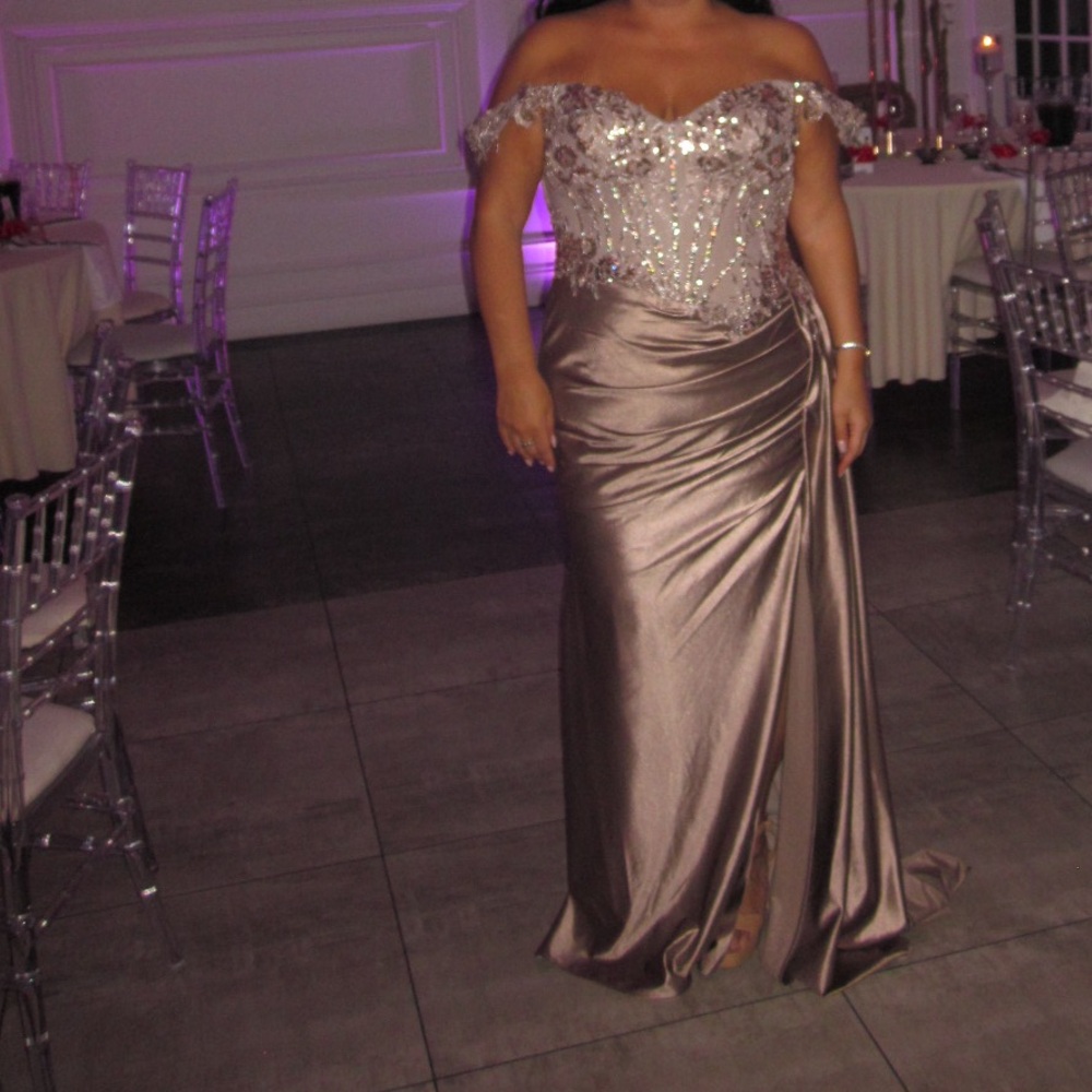 Strapless Beaded Satin Evening Gown in a sparkly taupe color